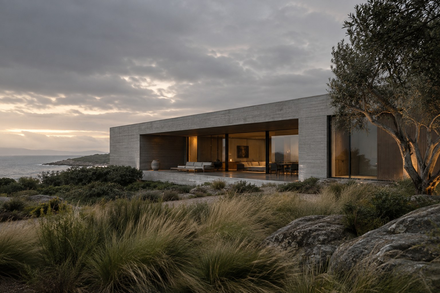 A low concrete home opening to the coast at dusk